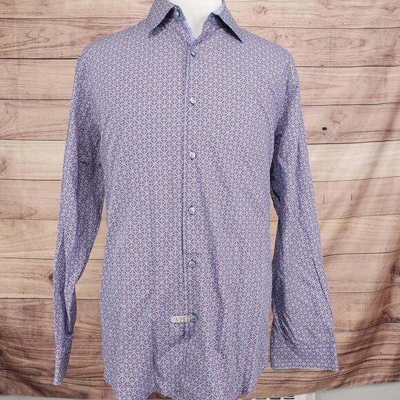 Tasso Elba Shirt Mens 2XL Blue Red Geometric Print Long Sleeve Button Up Cotton - Picture 3 of 8